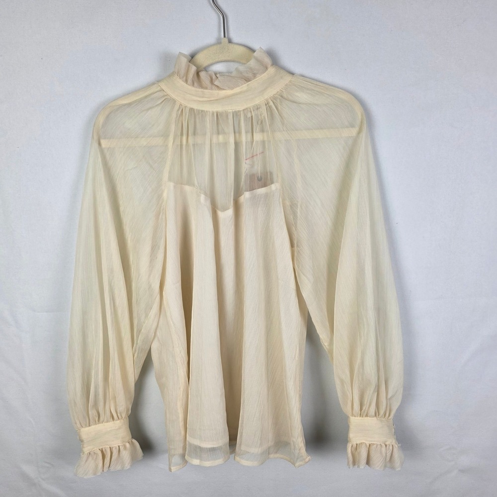 Blu Pepper Cream Ruffle High Neck Sheer Blouse B2ST1105 Small Bohme